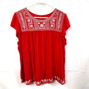 Faded Glory Embroidered Blouse Size XL Pullover Red White Short Sleeve Hippie